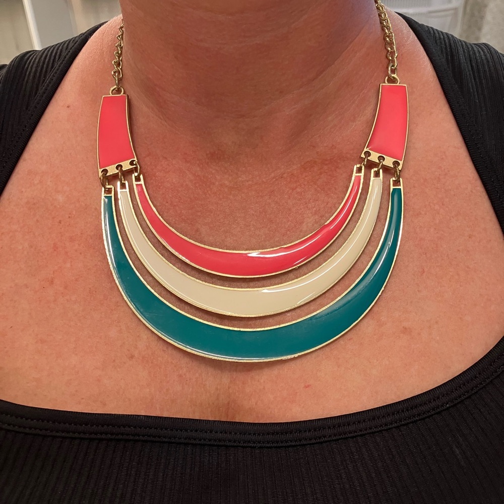 Summer necklace. Gold coral teal cream
